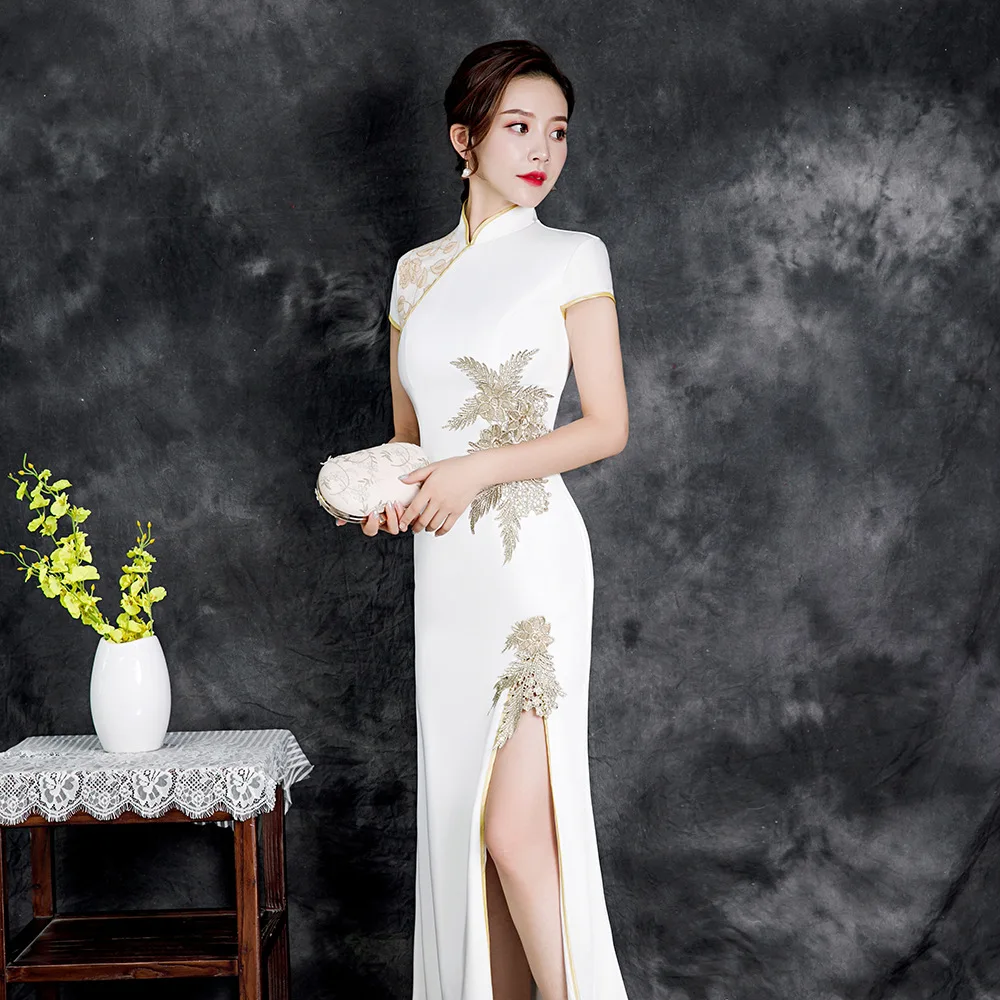 

White Lady Classical Diagonal Qipao Elegant Side Split Applique Satin Chinese Dresses Show Cheongsam Long Skirt Formal Prom Gown