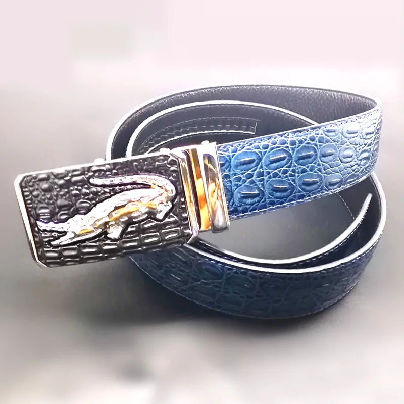 A blue Мужские ремни из натуральной кожи высокого качества, роскошные брендовые серебристые золотые мужские ремни из крокодиловой кожи, дизайнерские ремни cinturones para hombre - Цвет: A blue