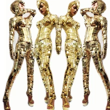 Золотые сценические костюмы для танцоров, одежда для выступлений, зеркальный костюм, женские вечерние платья с золотым зеркалом, комбинезон для ночного клуба DN4555