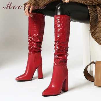 

Meotina Knee High Boots Women Shoes Pleated Extreme High Heel Long Boots Pointed Toe Block Heels Fashion Lady Boots Winter Red