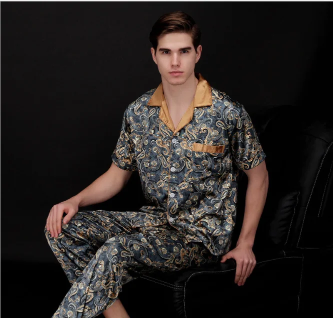Новая роскошная Пижама Мужская пижама с узором пейсли шелковая атласная Мужская пижама с длинными рукавами Мужская пижама для отдыха набор размера плюс 4XL - Цвет: Синий