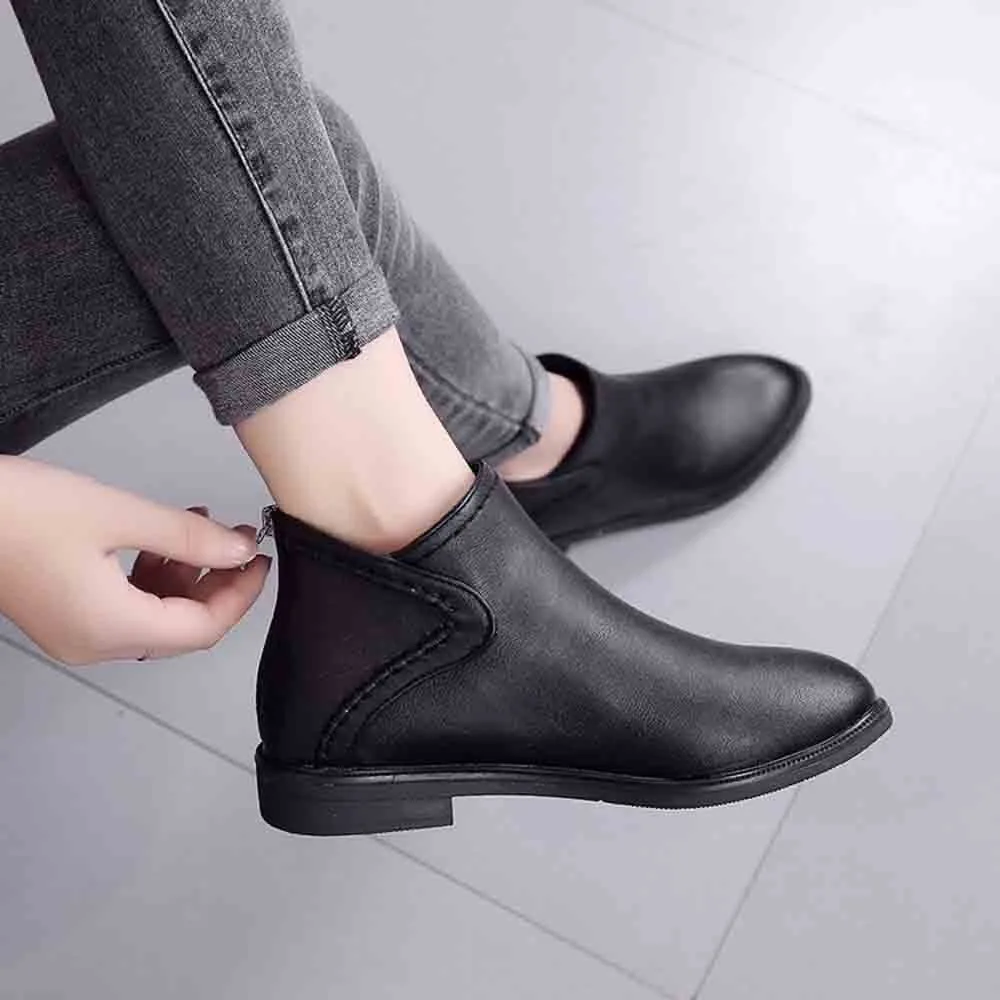 Botas de cuero sintético para mujer, zapatos de diario con tacón cuadrado y cremallera, transpirables, cómodos, con punta estrecha y Cabeza Cuadrada, Retro, otoño