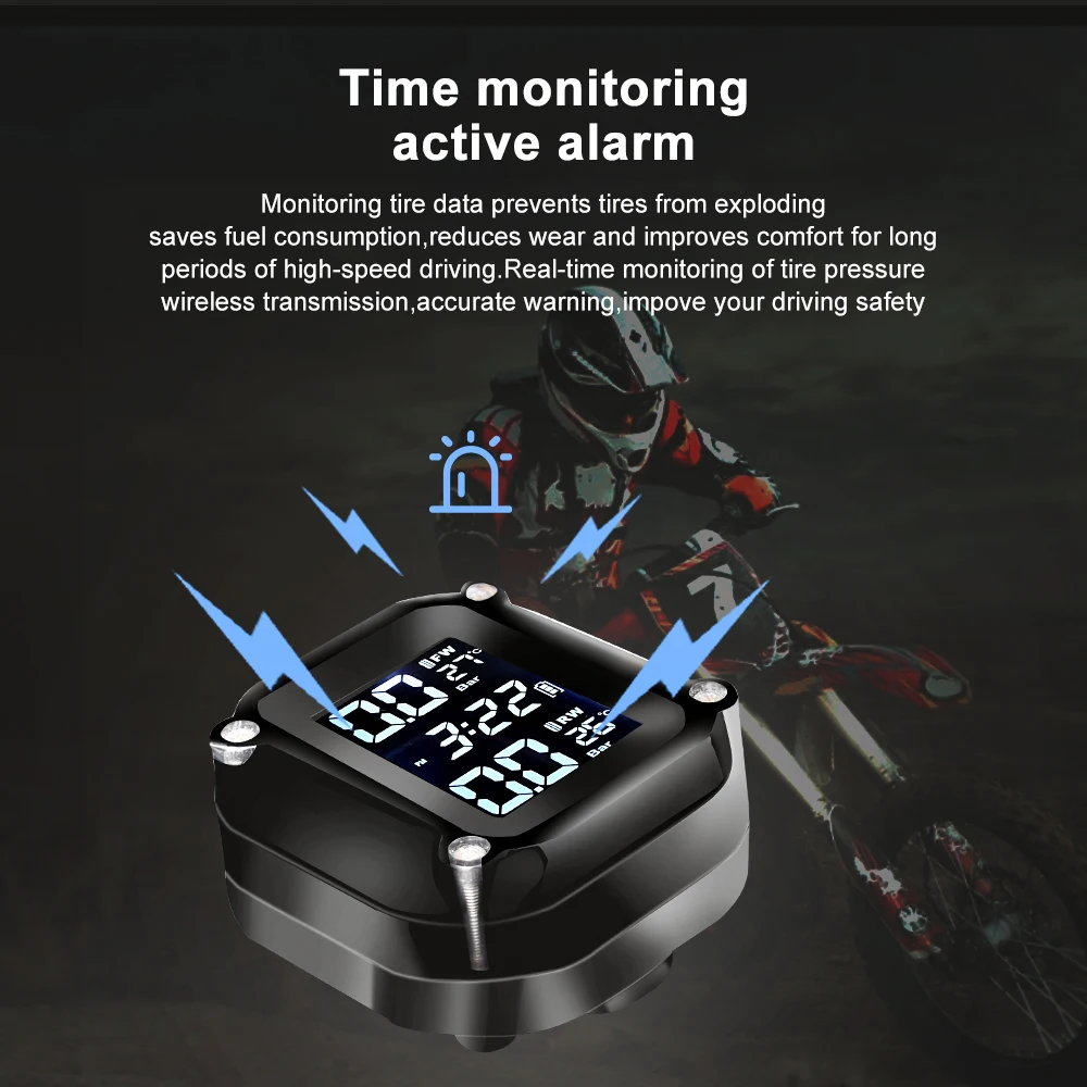 New Motorcycle TPMS Motor Tire Pressure Tyre Temperature Monitoring Alarm System with 2 External Sensors USB Solar Charging