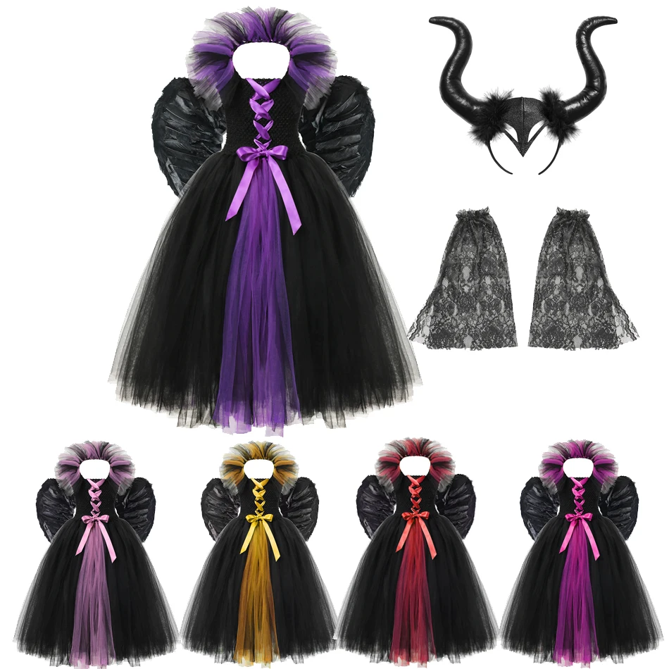 3PCS Clothing Set for Girls Tutu Dress Maleficent Headgear Wings Descendants Villain Cosplay Costume Evil Queen Frock |