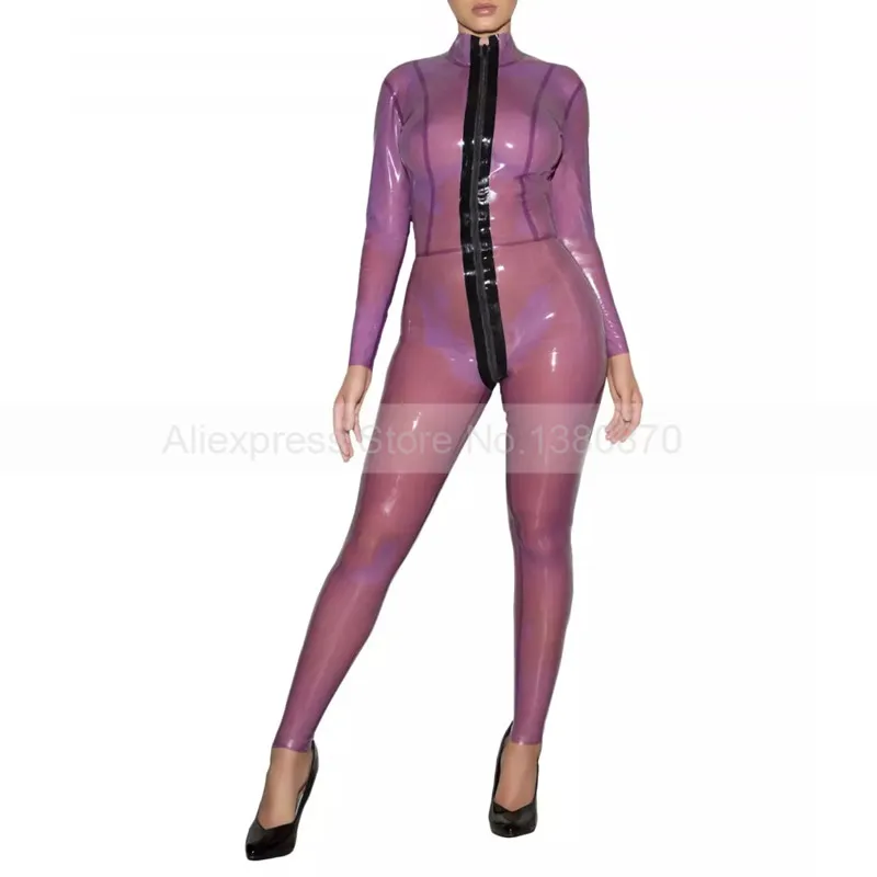 transparent purple Women Latex Rubber Tight Suit Transparent Purple Bodysuit Female Catsuit with Front Zip S-LC344 - Цвет: transparent purple
