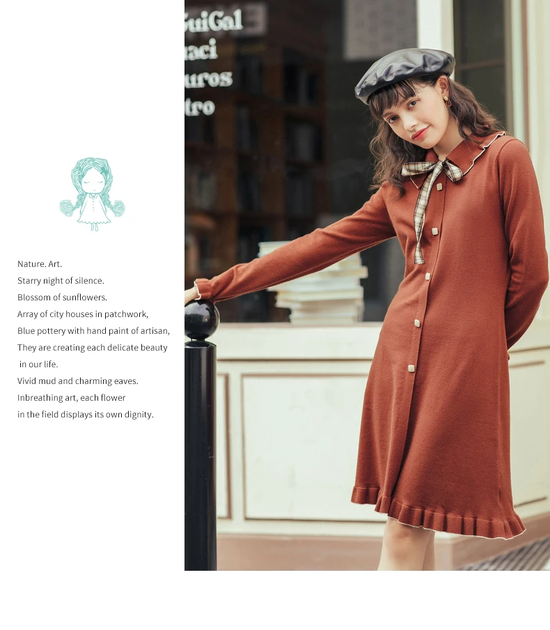 INMAN Autumn Winter New Arrival Retro Style Plaid Pattern Bow Tie Knot Young Women Lady Dress
