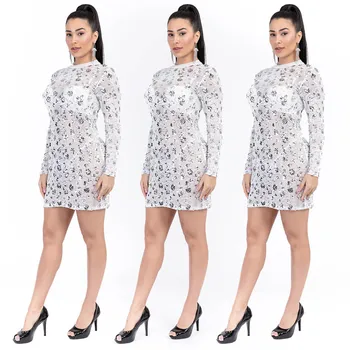 

Winter 2020 Women Sexy Long-Sleeve Printing Sequined Partying Mesh Mini Dress Dropshipping fashion ins wind Christmas Selling su