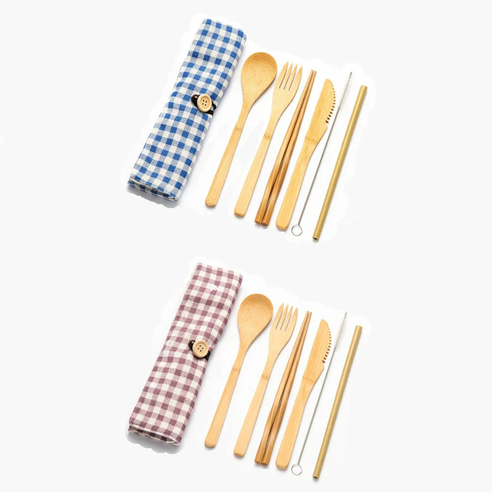 2/4 комплекта в Корейском стиле деревянная посуда Набор бамбуковых столовых приборов вилки, ножи, ложки с крупным планом сумка для посуды Bamboo соломы, набор посуды для путешествий - Цвет: 2set cutlery1