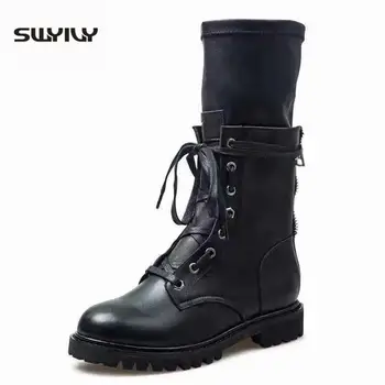

SWYIVY Bootee Woman 2019 New Autumn Shoes Casual Female Booties Womens Boots Mid-Calf Lady Motorcycle Boots For Woman Black Shoe