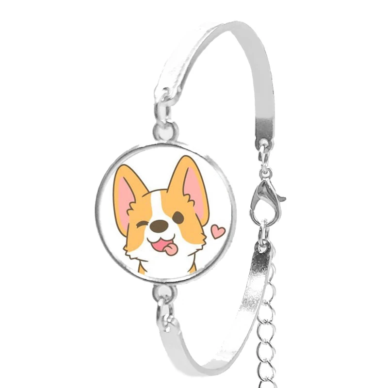 Горячее предложение! Распродажа!/Новинка, женский браслет, искусство корги, милые животные, стекло, выпуклая Круглая Серебряная цепочка, браслет, подарок дочери, ювелирное изделие