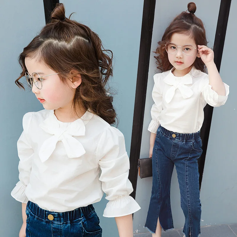 

Girl'S Shirt Western Style Children White Shirt 2019 xin chun qiu Childrenswear Long Sleeve 100% Cotton Coat Base Little Girl Sh