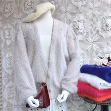 Осеннее Сексуальное Женское пальто с глубоким v-образным вырезом, классический винтажный дизайн, вязаная крючком, из натурального меха ангоры, кролика, вязаная женская куртка