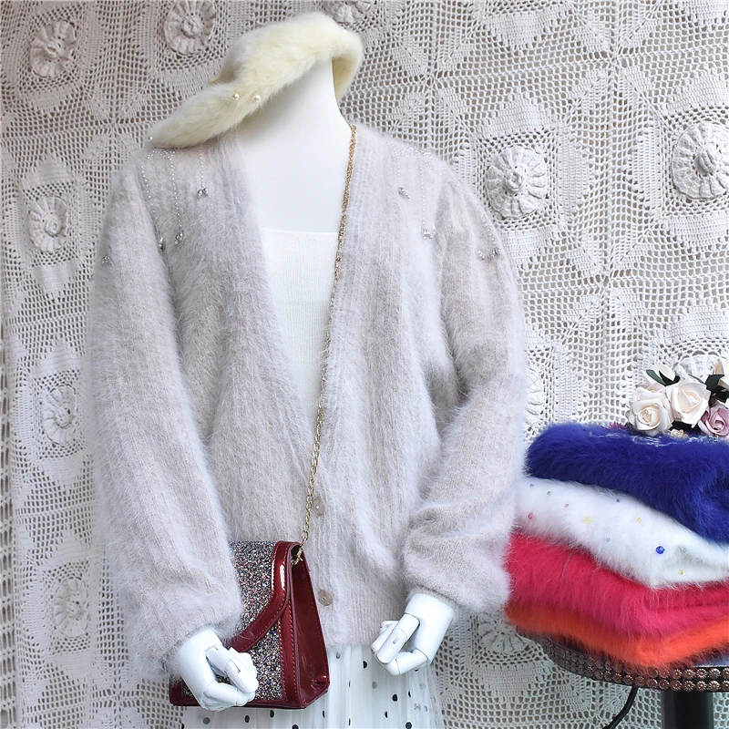 Autumn sexy women coat small deep v-neck classic vintage design crochet beading real angora rabbit fur knitted ladies jacket |