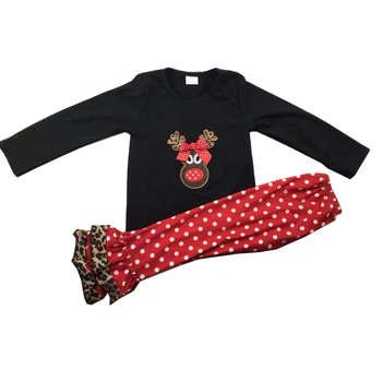 

Embroidery deer pattern long sleeve outfits boutique girsl ruffle set with leopard print
