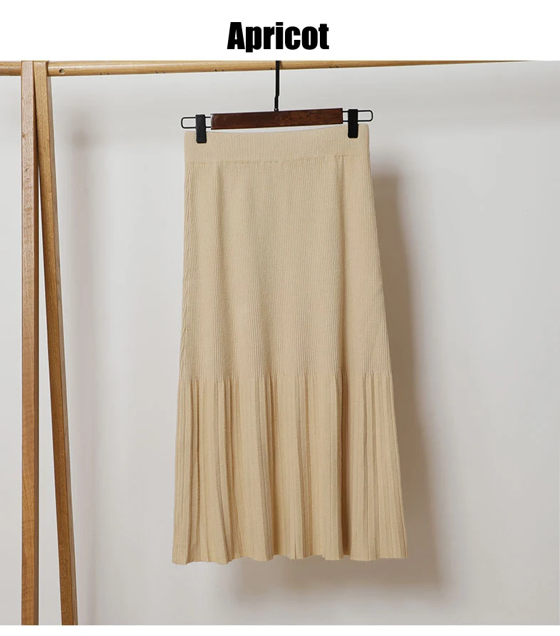 9 Colors Women's Skirts Autumn Winter Solid Elastic Waist Knitted Skirt Elegant Pleated Ruffles A-line Skirt Female Maxi Skirts
