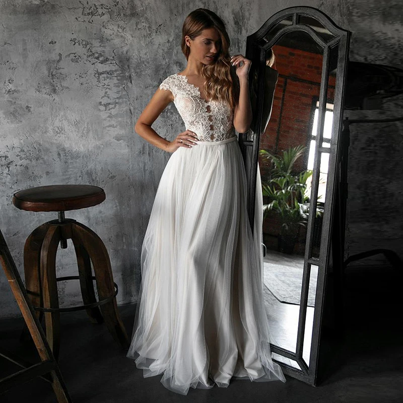

Eightale Simple Boho Wedding Dresses Appliques Lace Beach Wedding Gowns Buttons Tulle Custom Made Sheer Illusion Neckline Bride