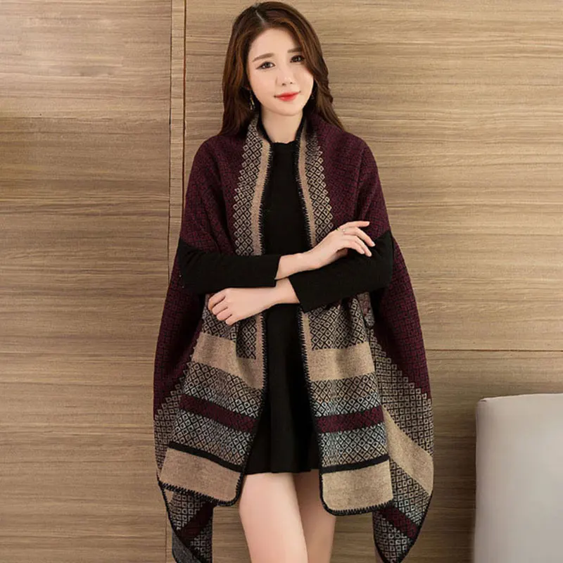 Online Nuevo 2019 de marca de lujo para mujeres bufanda de invierno más cálido chal para damas plaid manta de punto abrigo de Cachemira poncho capas de mujer echarpe
