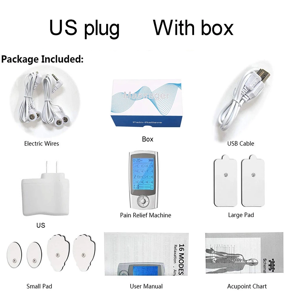 US With box Tens машина стимулятор мышц перезаряжаемая обезболивающая машина EMS цифровой электронный импульсный массажер для тела - Цвет: US With box