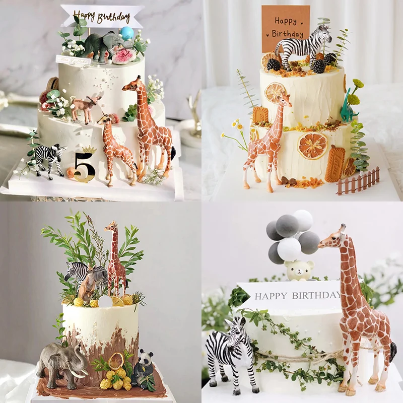Cake Topper Safari Animals Simulation Elephant Kangaroo Panda Wild One Jungle Safari Happy Birthday Party Decor Kids