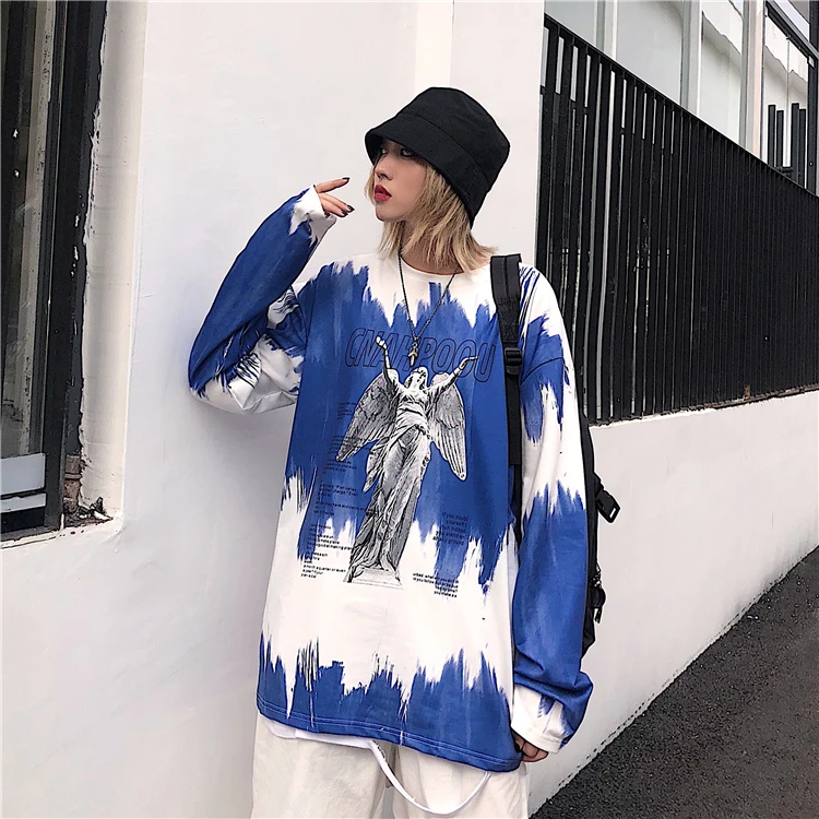 Осень Корея ulzzang Харадзюку улица Винтаж BF tie-dye Ангел печати o-образным вырезом пуловер свободная повседневная женская футболка с длинными рукавами