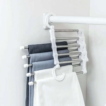 

5-in-1 Stainless Steel Hanger Pants Rack Multi-function Adjustable Length Pants Hangers High Quality Saving Space Pants Rack