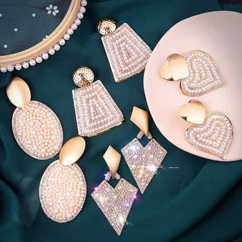 

2020 Statement Fashion Gold Metal Geometric Big Drop Earrings For Women Trendy Bling Pearl Rhinestone Dangle Earring Jewelry
