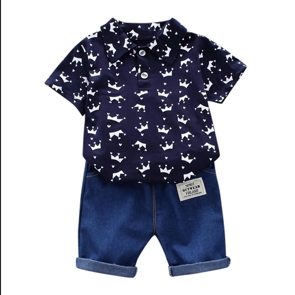 Одежда в Корейском стиле комплект для малышей, рубашка с короткими рукавами и рисунком короны для маленьких мальчиков топы+ короткие джинсовые штаны модная одежда, roupa infantil menino - Цвет: Синий