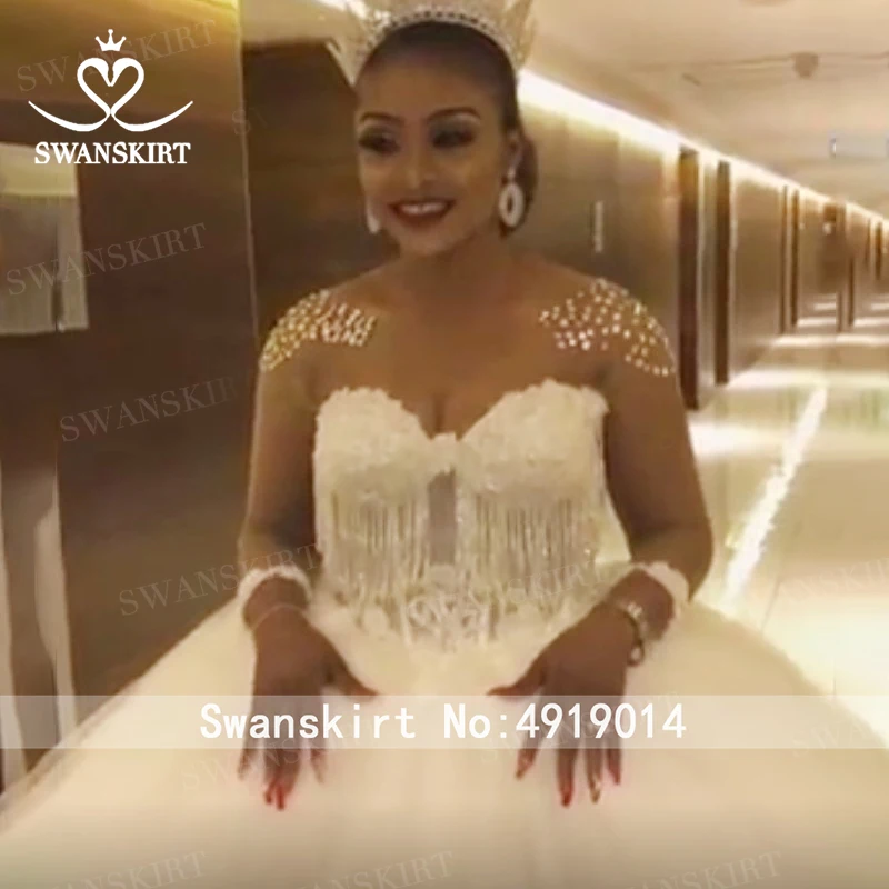 Роскошное бальное платье с бисером, свадебное платье, Swanskirt WZ02, Милое Свадебное платье с длинным рукавом, с аппликацией, со шлейфом, Vestido De Noiva