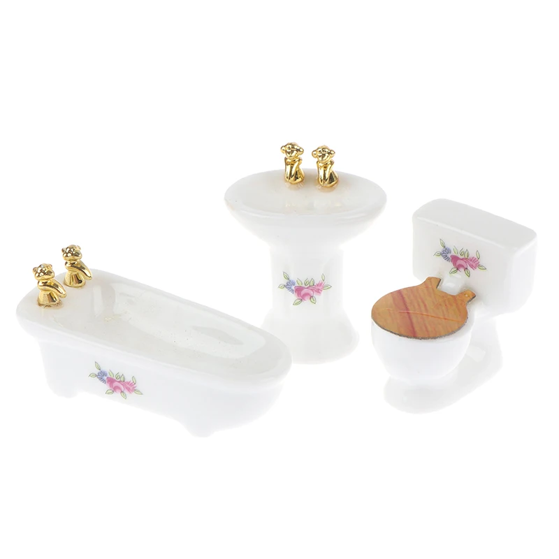 1Set(3pcs) 1/24 Dollhouse Miniature Bathroom Set Ceramic Bathtub Toilet for Dolls House Furniture Play Toy 3Styles