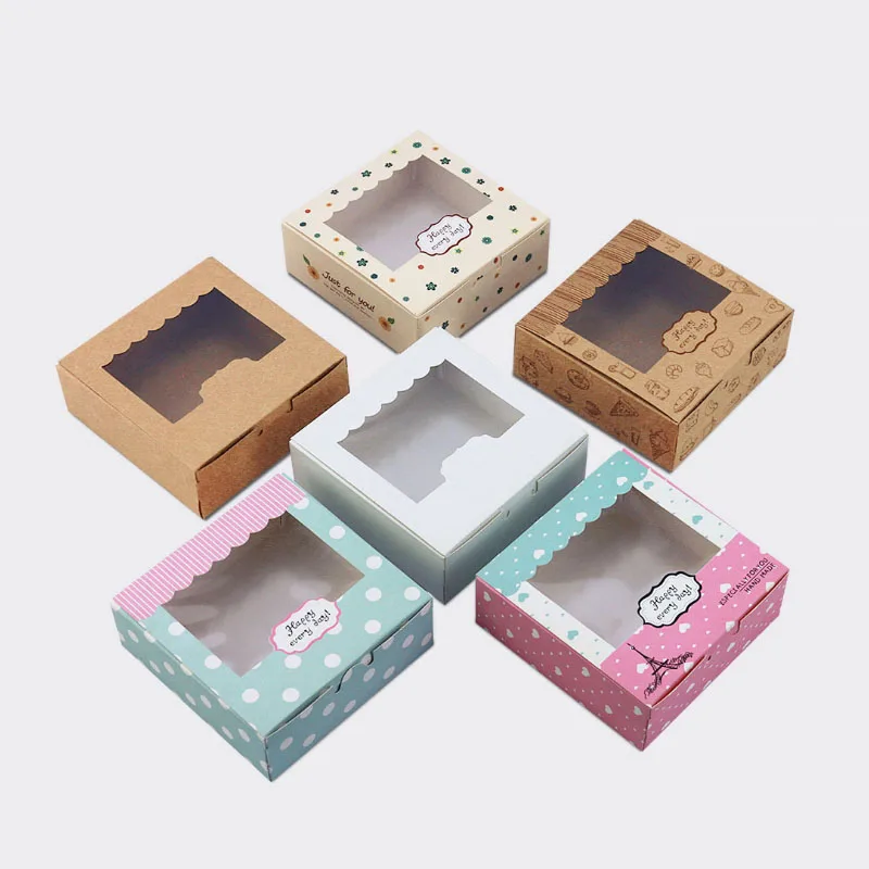 

10pcs/lot Kraft paper box for macaron cake kraft box with window paper cake cookies packaging box wedding gift cupcake boxes