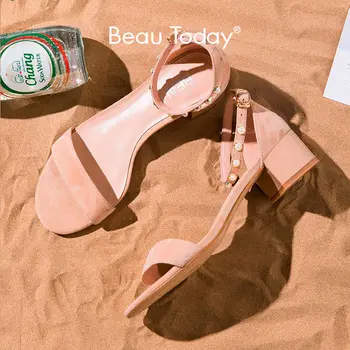 

BeauToday Sandals Women Kid Suede Leather Pearl Detail Cover Heel Buckle Strap Ladies Summer Med Heel Shoes Handmade A31036