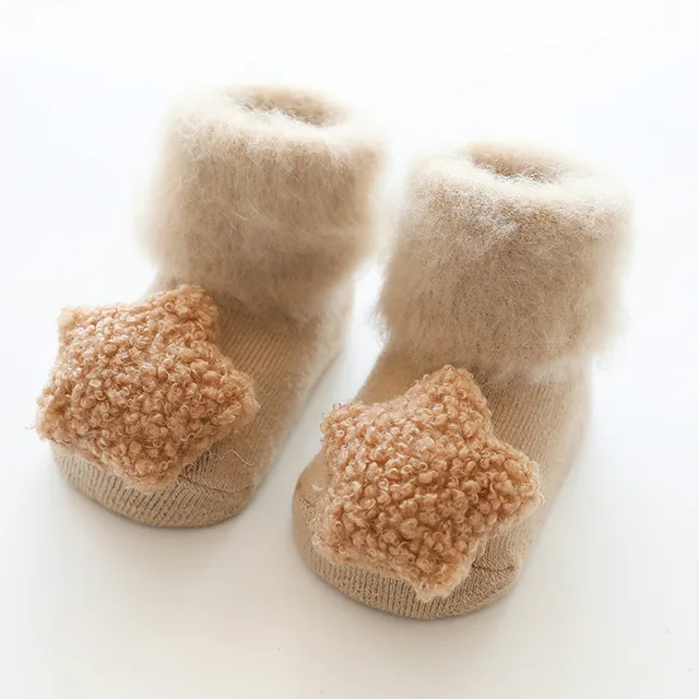 Cute Baby Socks Stereo Doll Socks Autumn Winter Mid Stocks Velvet Thickening Brush Furry Newborn Floor Socks 0-18 months khaki