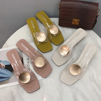 

Women's Transparent Crystal Zapatos De Mujer Sequined Low Heel Slippers Sexy 2020 Spring Summer Female Fashion Sandals Slides