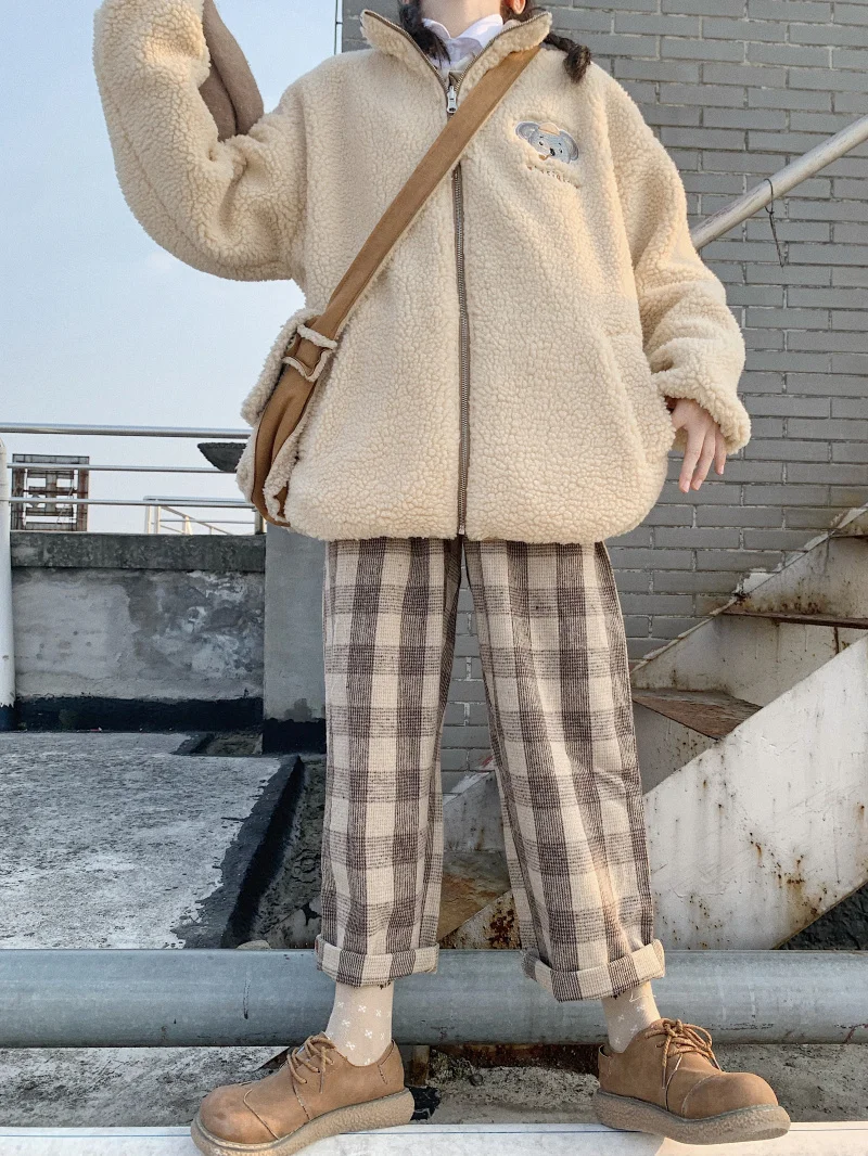 Японские осенние и зимние женские свободные повседневные штаны Vintag Harajuku мягкие шерстяные клетчатые прямые брюки для девочек Студенческие Брюки