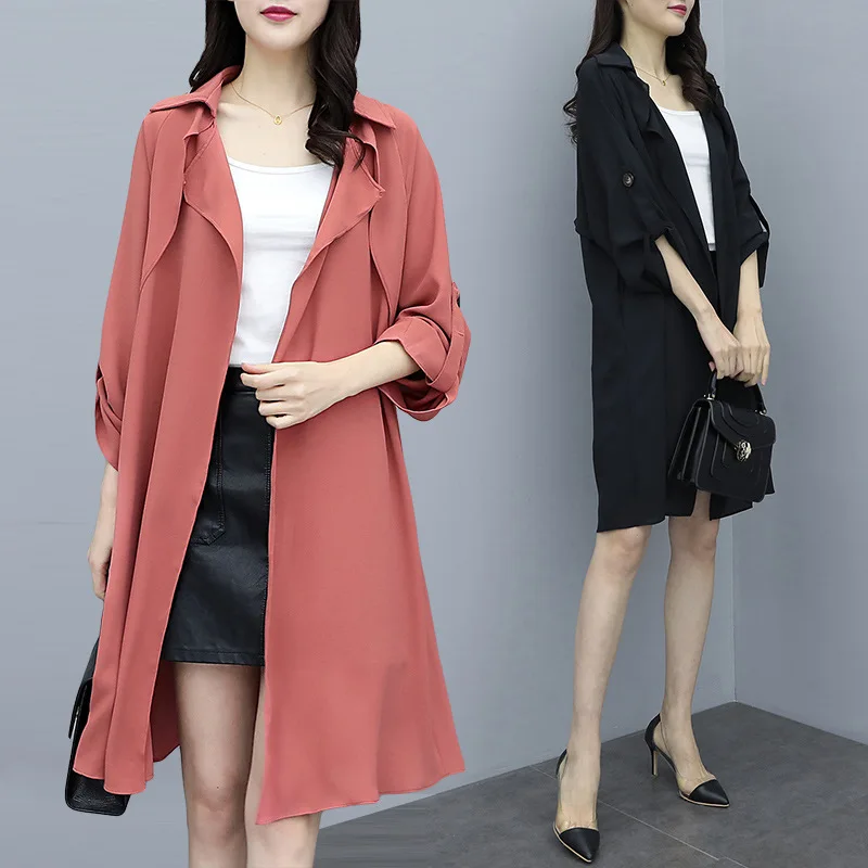 

2019 Early Autumn New Style Fashion Korean-style WOMEN'S Wear Loose-Fit Cardigan Coat Fold-down Collar Thin Mid-length WOMEN'S T