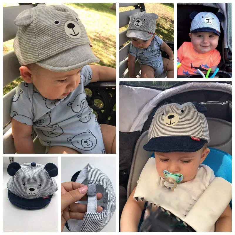 Cartoon Bear Baby Hat Cap Summer Spring Adjustable Baseball Cap Cute Striped Cotton Kids Sun Hat Baby Boy Girl Hats With Ears baseball cap,baby hat,kids caps