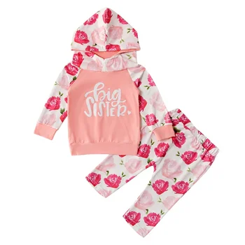 

Children Spring Autumn Cute Floral Cartoon Print Long Sleeve Sweater Hat Collar Casual Tops + Pants