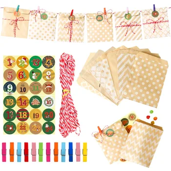 

24set Retro Kraft Paper Bags Creative Biscuit Candy Bags Christmas Advent Calendar Gift Packaging Bags with Clips Stickers Cotto