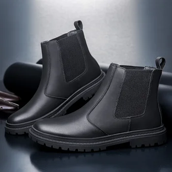 

Winter Casual Men's leather Boots 2019 Fashion business men boots genuine leather Elastic band Men's shoes Size 36-46