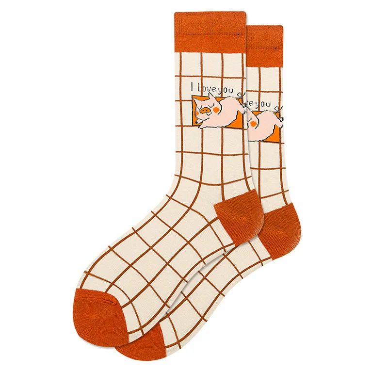 Coffee plaid pig Новинка, теплые носки до щиколотки, мужские короткие хлопковые носки для катания на коньках, в стиле хип-хоп, веселые, женские зимние носки для отдыха, толстые причудливые носки для скейтборда - Цвет: Coffee plaid pig