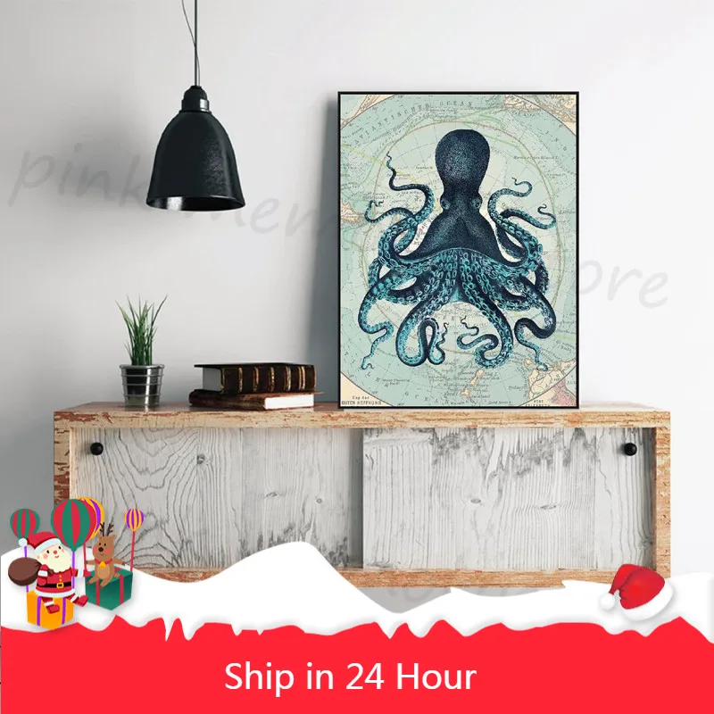 Kraken Octopus Tentacles Vintage Poster Prints Nautical Coastal Wall Art Picture Antarctica Map Canvas Painting Home Decor | Дом и сад