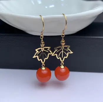 

shilovem 18K yellow Gold Natural south Red agate stud earrings fine Jewelry cute wedding gift new plant women myme8.5-9006nh