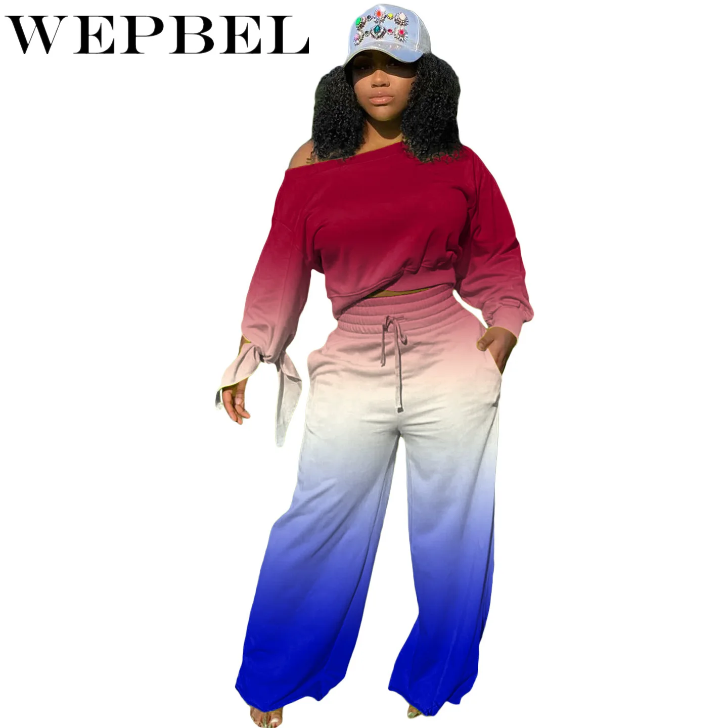

WEPBEL Autumn Knotted Long Sleeve Slash Neck T-shirt + Lace-up Wide-Leg Pants Suit Women's Casual Gradient Color Home Suit