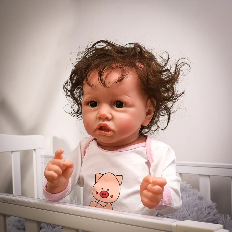 Cuerpo completo de silicona suave muñecas de bebé Reborn con pelo rizado muñeca realista infante con boca torcida - 2