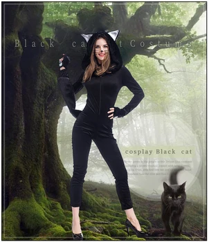 

Black Cat Women Cosplay Costumes Sexy Hooded fur Tail Catsuit Jumpsuit With Gloves Costume Halloween Fancy Dress For Adult Women