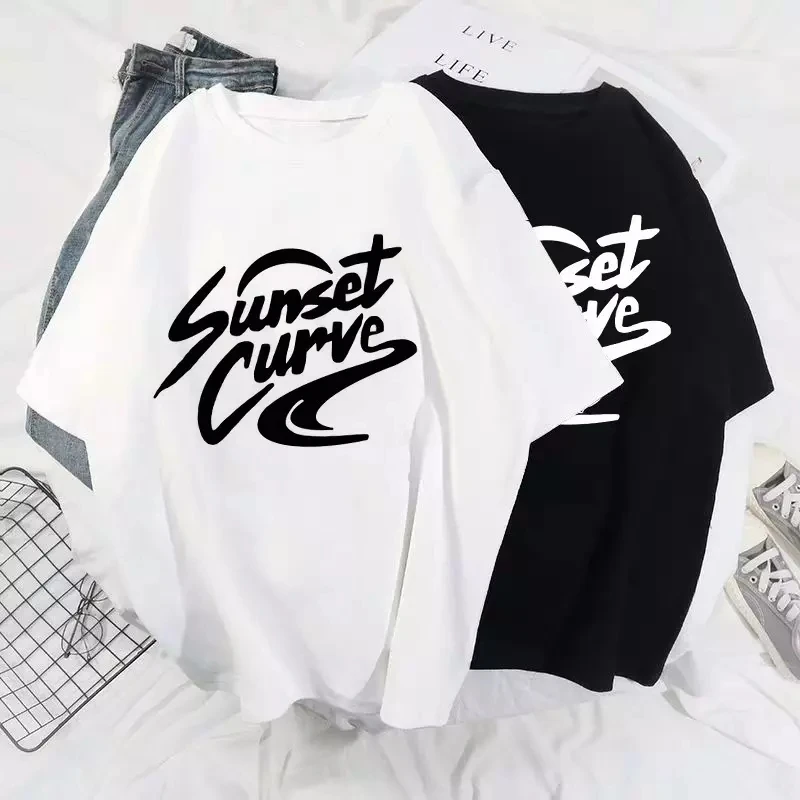 Camisetas de manga corta con cuello redondo para mujer, playeras estampadas con curva de puesta de sol para mujer, playeras estampadas estéticas