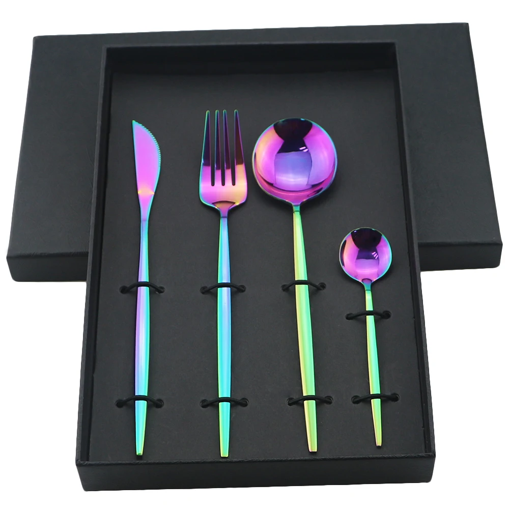 Luxury Cutlery Set Gold Dinnerware Set 18/10 Stainless Steel Tableware Fork Knife Spoon Dinner Set Kitchen Silverware With Box - Цвет: 4Pcs Rainbow