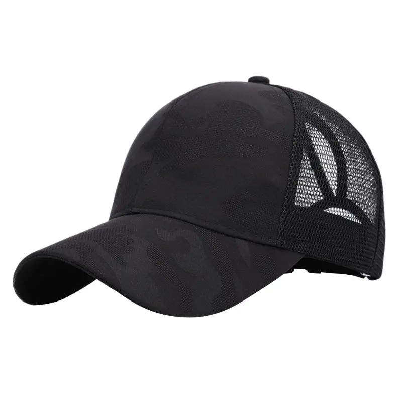 Womens Summer Trendy Ponytail Messy Bun Baseball Cap Hip Hop Camouflage Jacquard Breathable Mesh Back Adjustable Snapback Hat - Цвет: Black