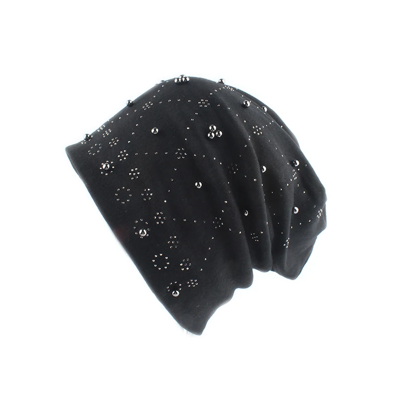 

2019 Fashion Solid Color Women Skullies Beanies Pearl Rhinestone Winter Hat Female Ladies Autumn Slouchy Beanie Soft Cotton Hat