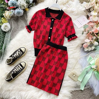 

Autumn Knitted 2 Pieces Set Women Letters Peter Pan Collar Sweater Cardigan + Mini Bodycon Skirts Set Ladies 2PCS Matching Sets